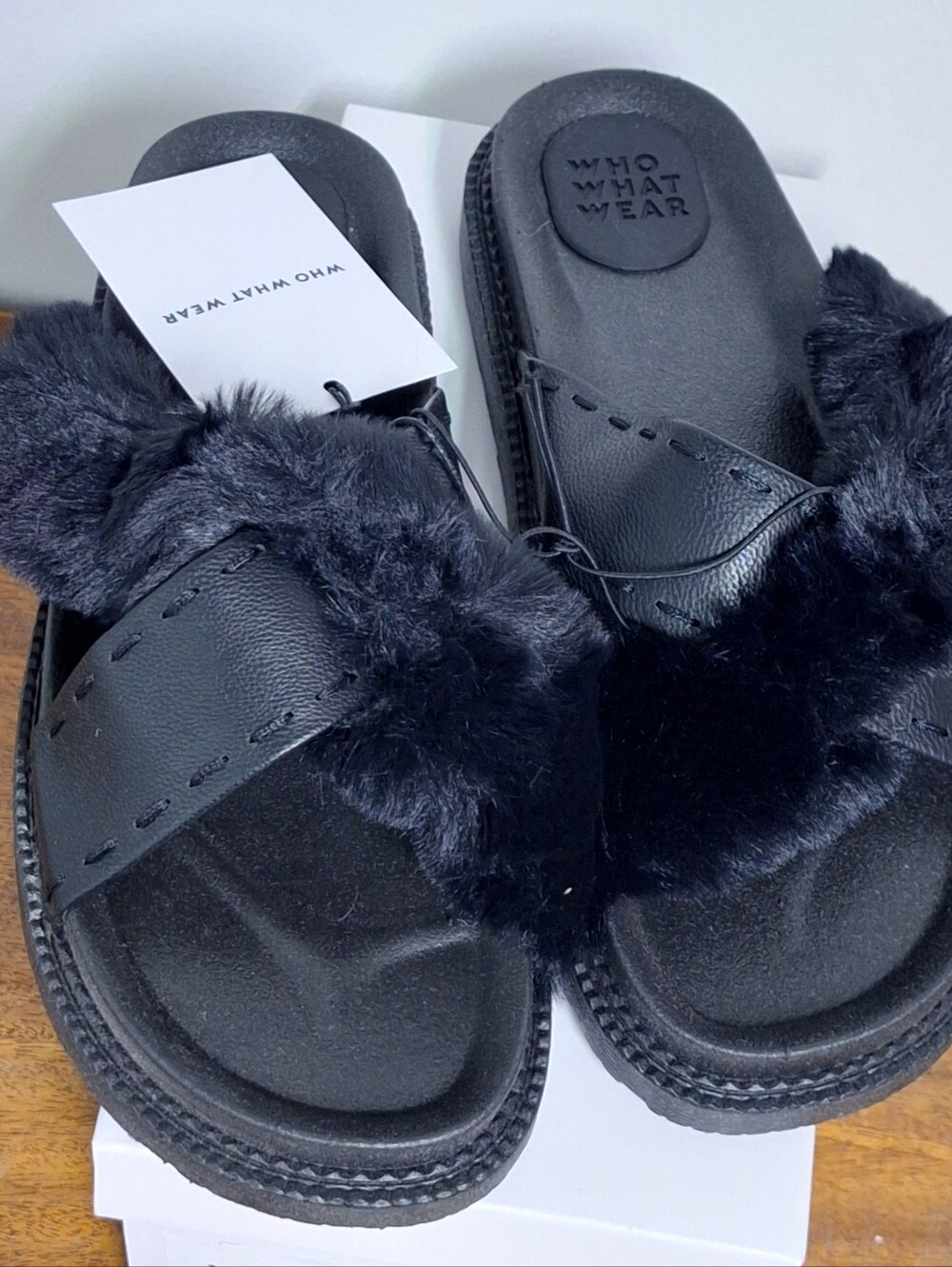 NEW! Black Faux Fur/Leather Slide Sandals